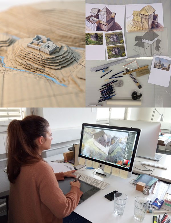 Illustratorin bei der Arbeit im Computer, Kartonmodell und Zeichnungen